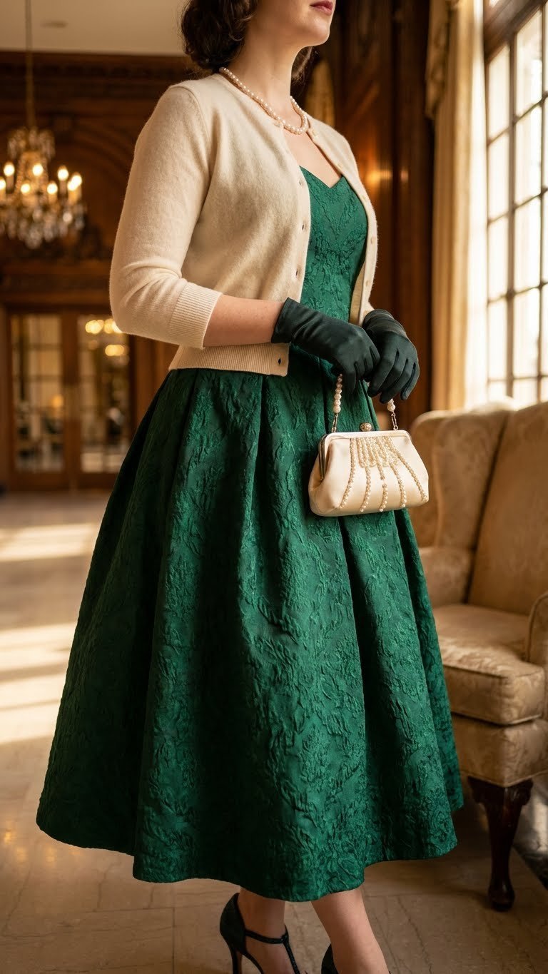 Woman in luxurious 1950s emerald green velvet dress, cashmere cardigan, clutch, and pearls, exuding glamour in a hotel lobby.