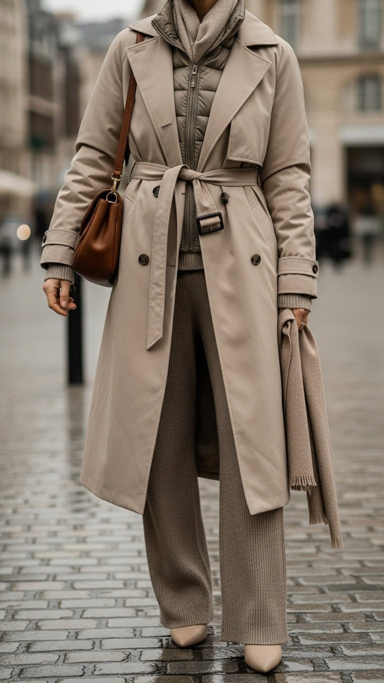 Woman in modern water-resistant trench coat, belted over knit trousers, with umbrella on a damp European city street.