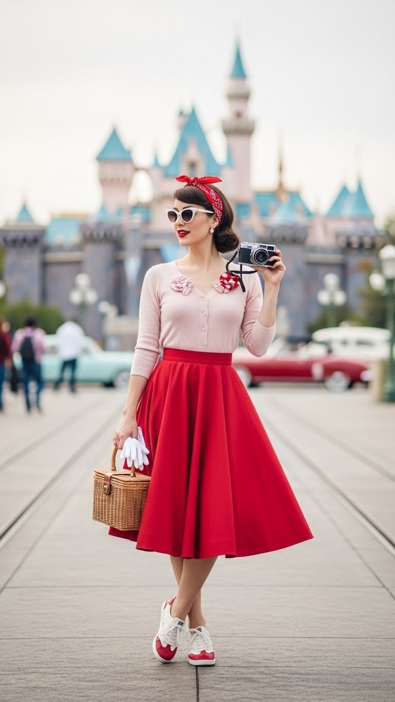 Woman in retro 1950s-inspired circle skirt outfit with vintage accessories posing at Disneyland