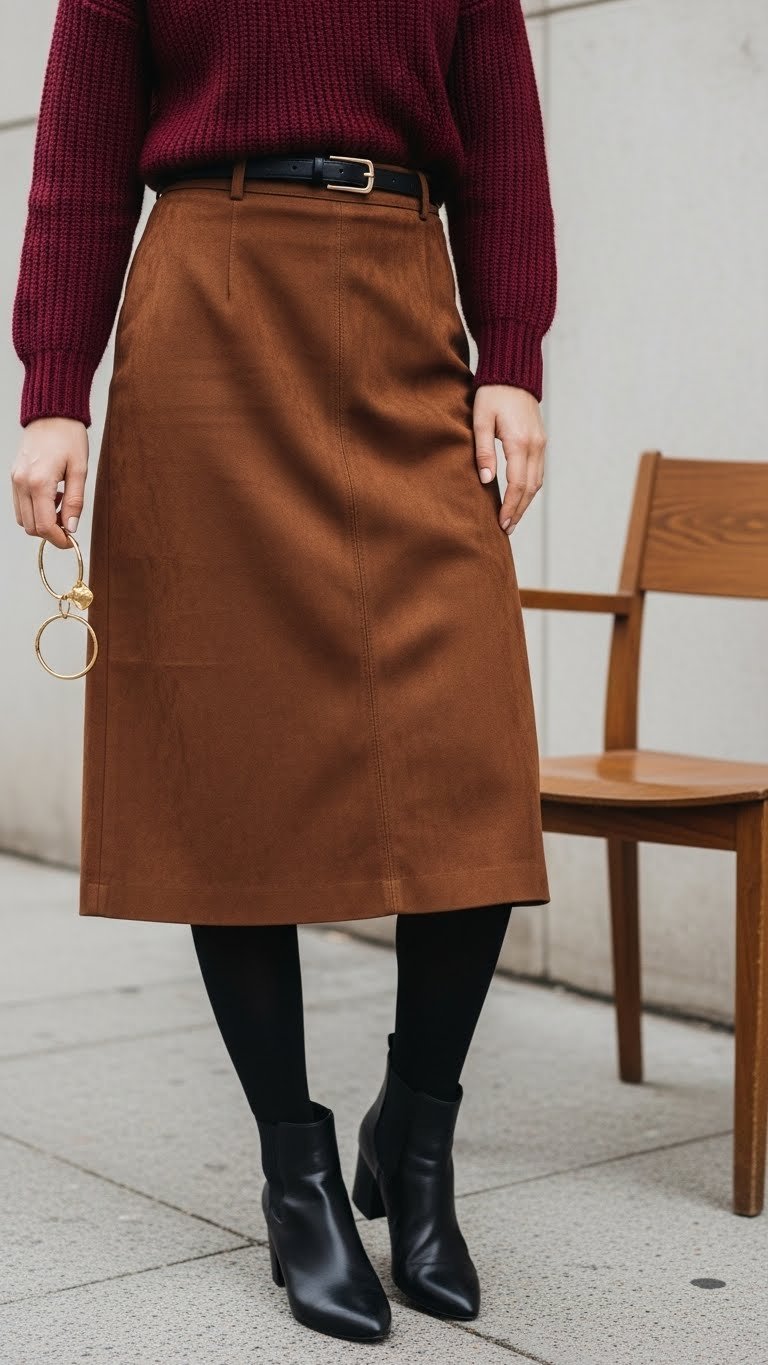 Woman in rich brown suede midi skirt, burgundy knit sweater, black tights, thin belt, gold hoops, seated on a wooden chair.