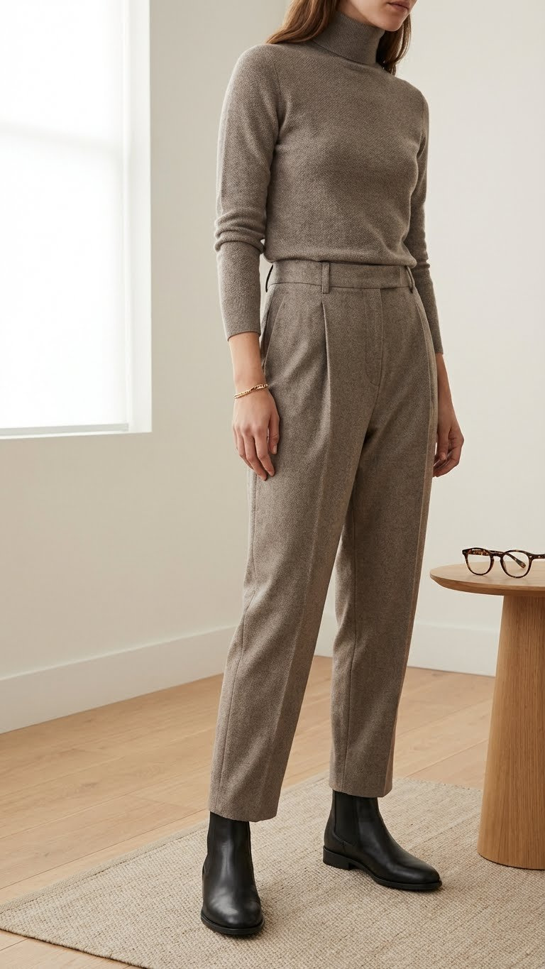 Woman in sleek black Chelsea boots, tailored grey trousers, and a matching turtleneck. Elegant minimalist winter fashion.