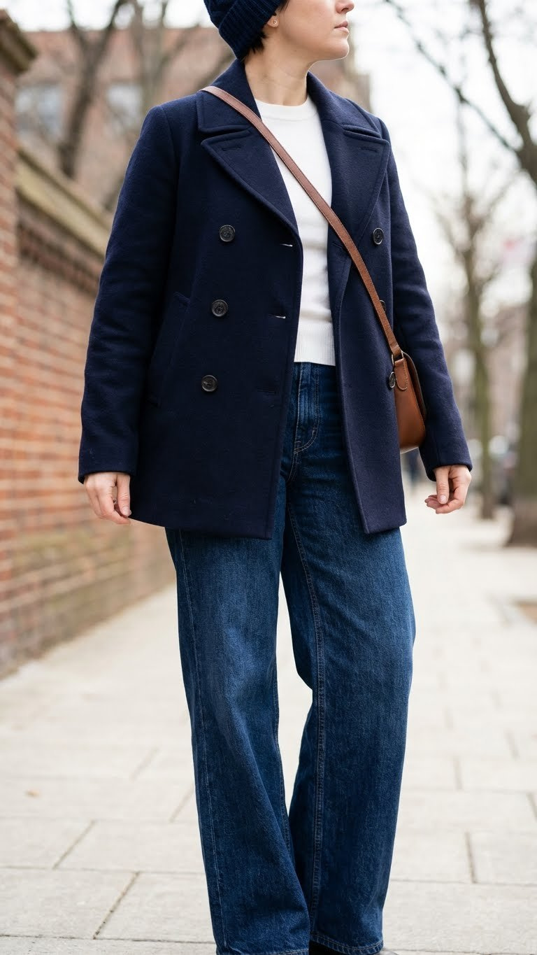 Woman in smart casual weekend outfit: navy wool peacoat, dark wide-leg denim, white sweater, knitted beanie, leather crossbody bag.