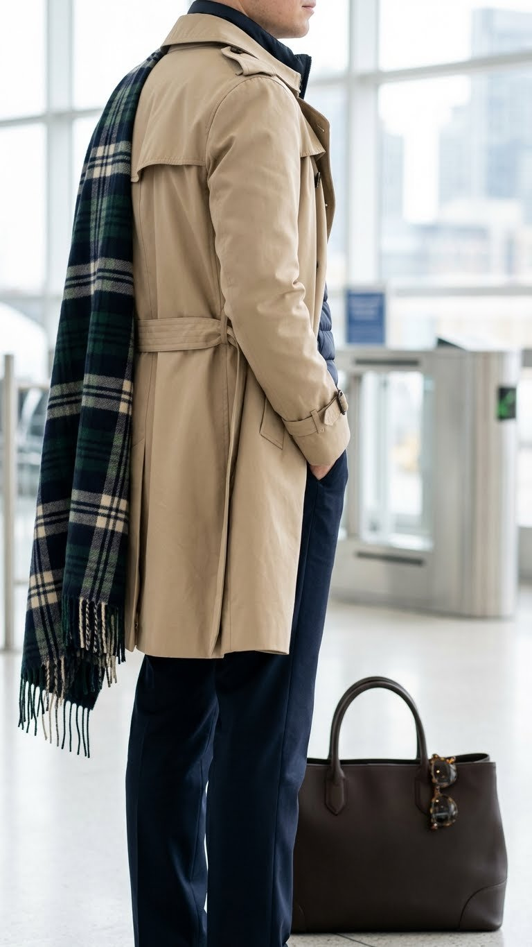 Woman in sophisticated travel outfit: classic belted trench coat, dark trousers, cashmere scarf, carry-on tote bag, sunglasses.