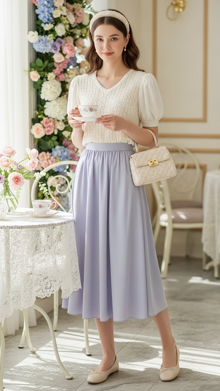 Woman in sweet pastel perfection ensemble with lavender skirt in whimsical garden setting