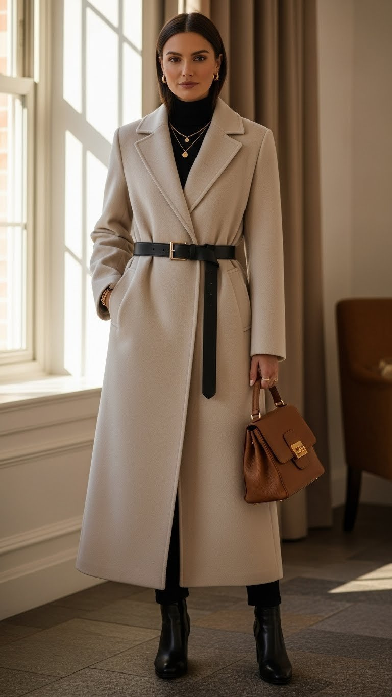 Woman in tailored long wool coat, cinched belt, high-heel boots, structured handbag, gold jewelry. Elegant winter city street fashion.