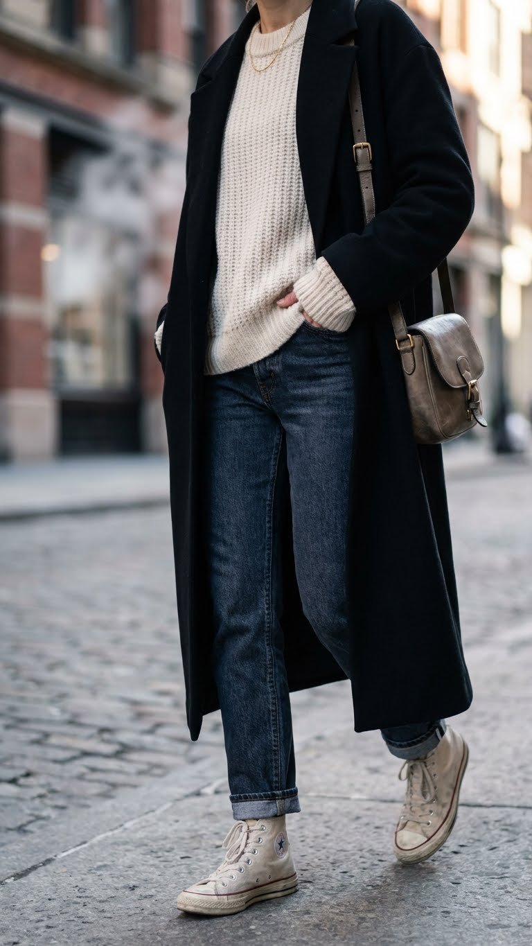 Woman in winter street style, high-top canvas sneakers, cuffed dark denim jeans, cream knit sweater, black wool coat, urban.