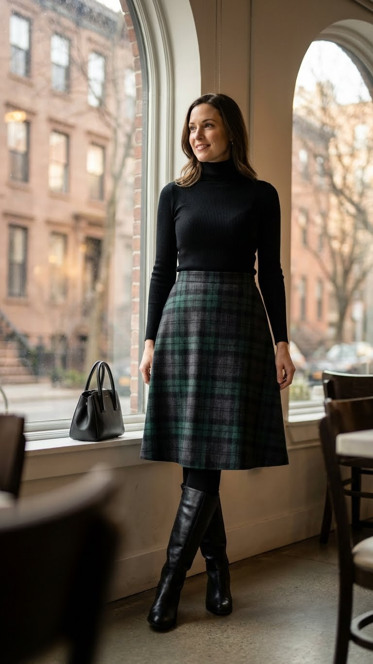 Woman stands by a window in a chic plaid wool midi skirt, black turtleneck, and knee-high leather boots.