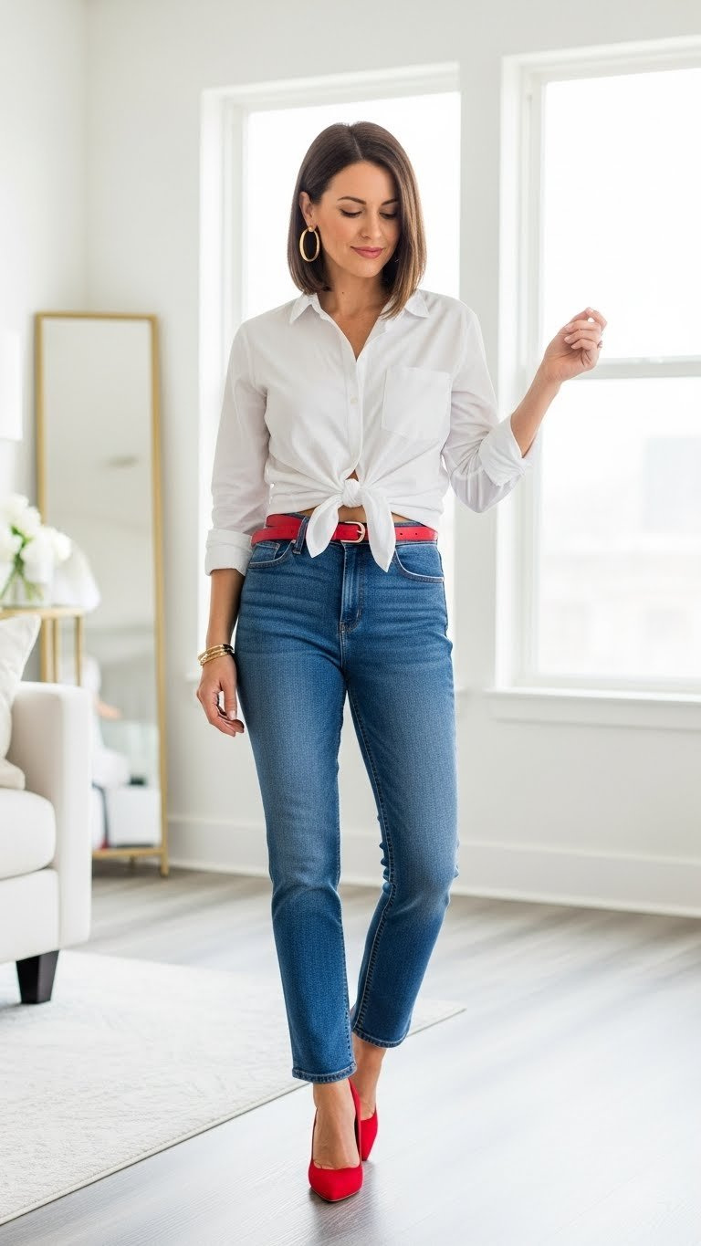 Woman transforming everyday basics into Valentine's look with white shirt and red heels at home