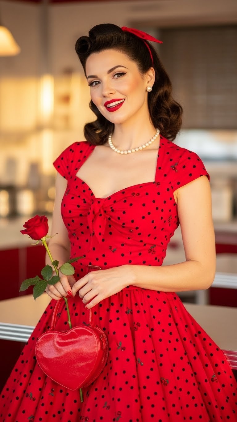 Woman wearing 1950s pin-up glamour red swing dress with victory rolls hairstyle against vintage diner backdrop for Valentine's Day
