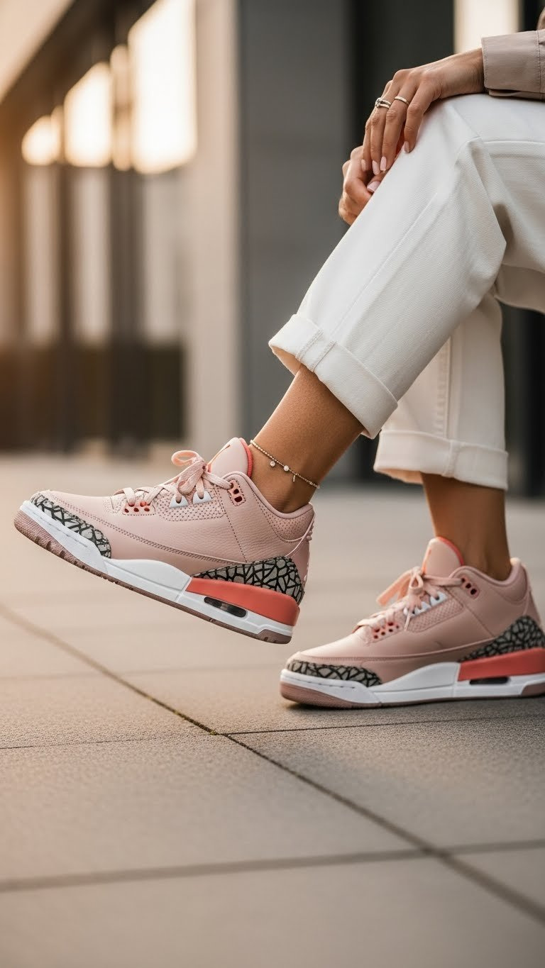 Woman wearing Jordan 3 Valentine's Day sneakers in washed coral walking on city sidewalk