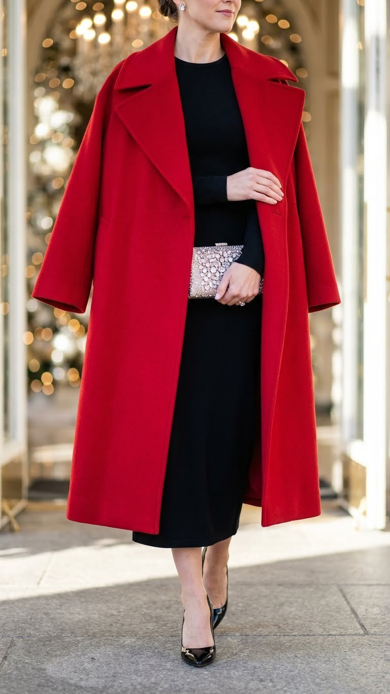 Woman wearing a vibrant red oversized wool coat over a black LBD at the entrance of a festive, brightly lit venue.