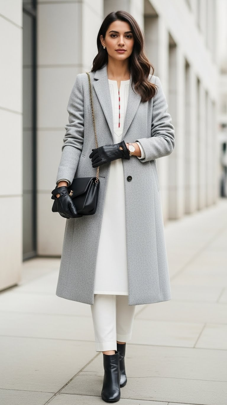 Woman wearing chic longline wool coat over Pakistani kurta and trousers. Modern ethnic layering, sleek urban winter style.