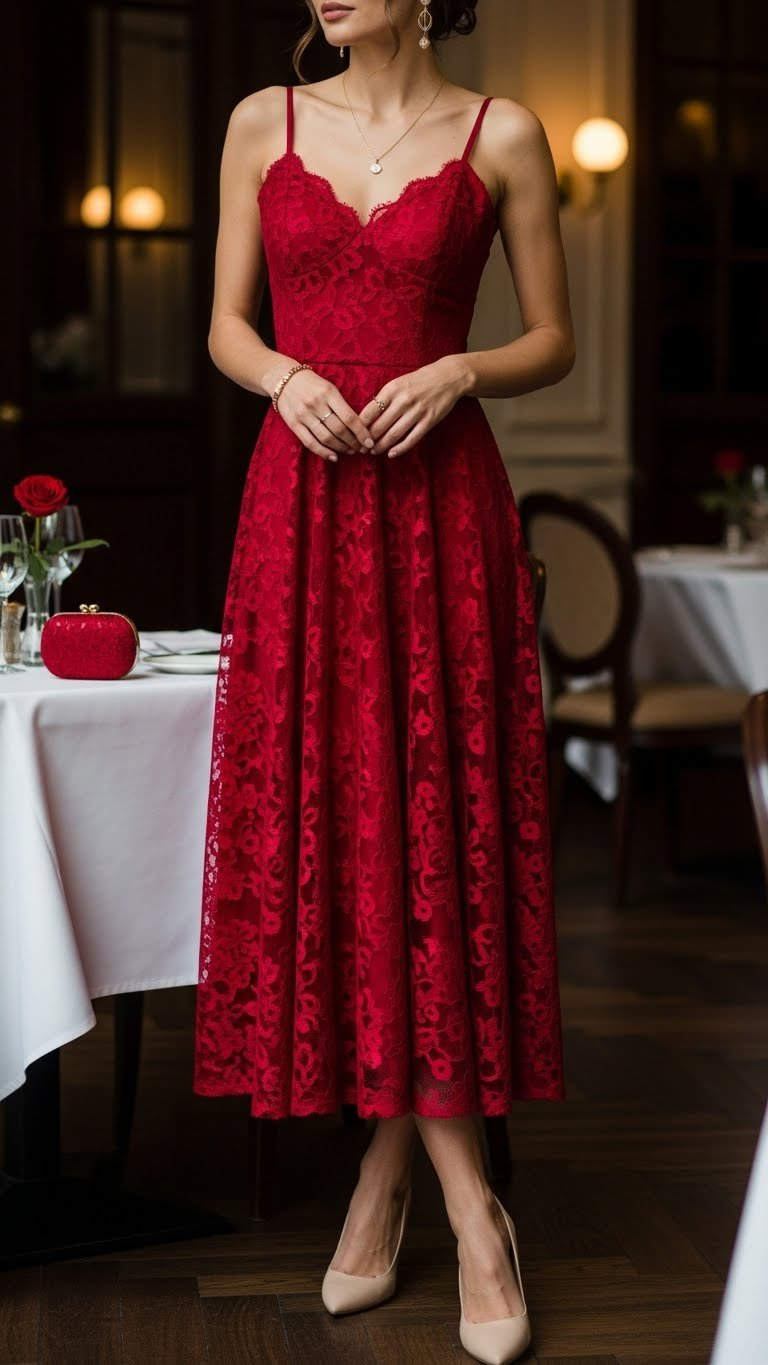 Woman wearing elegant deep red lace dress with gold jewelry in upscale restaurant setting with soft natural lighting