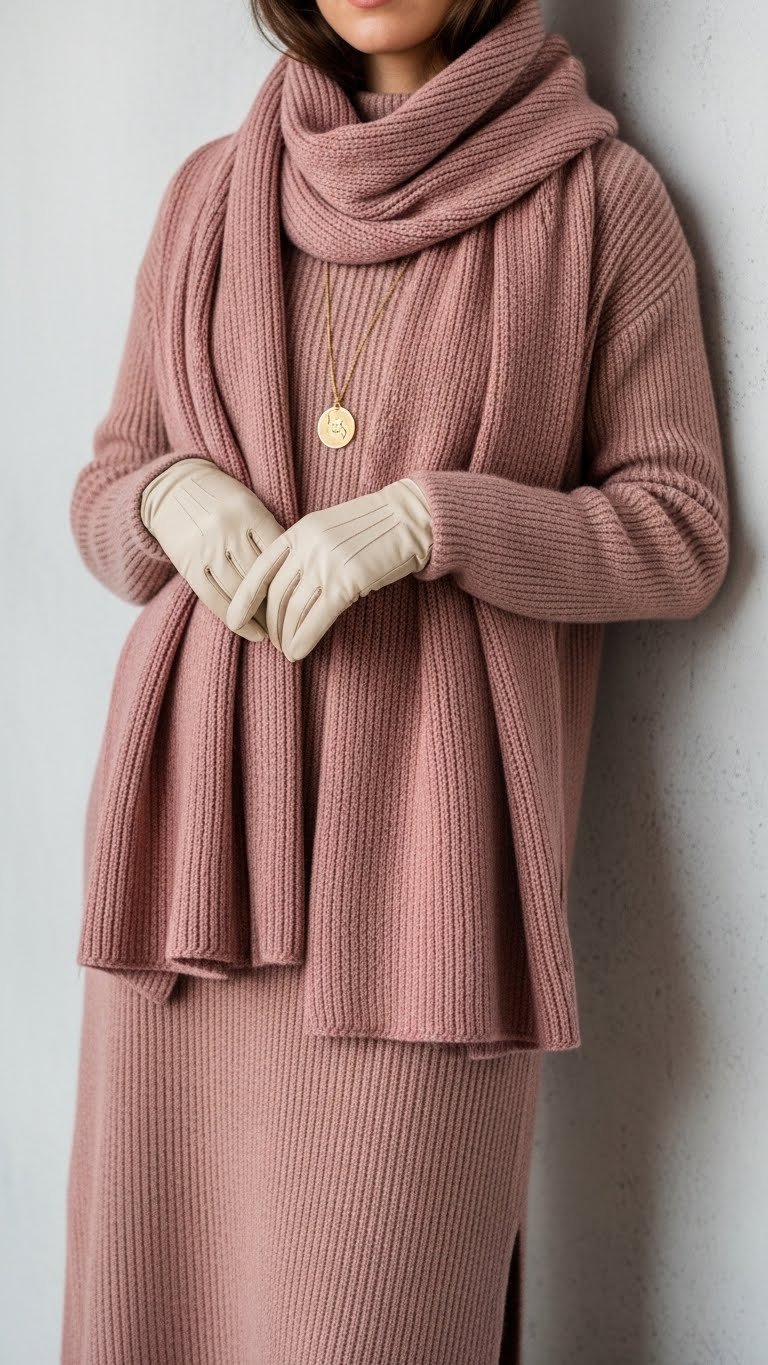 Woman wearing monochromatic dusty rose knitted dress, blanket scarf, cream gloves, and gold necklace. Cozy winter style.