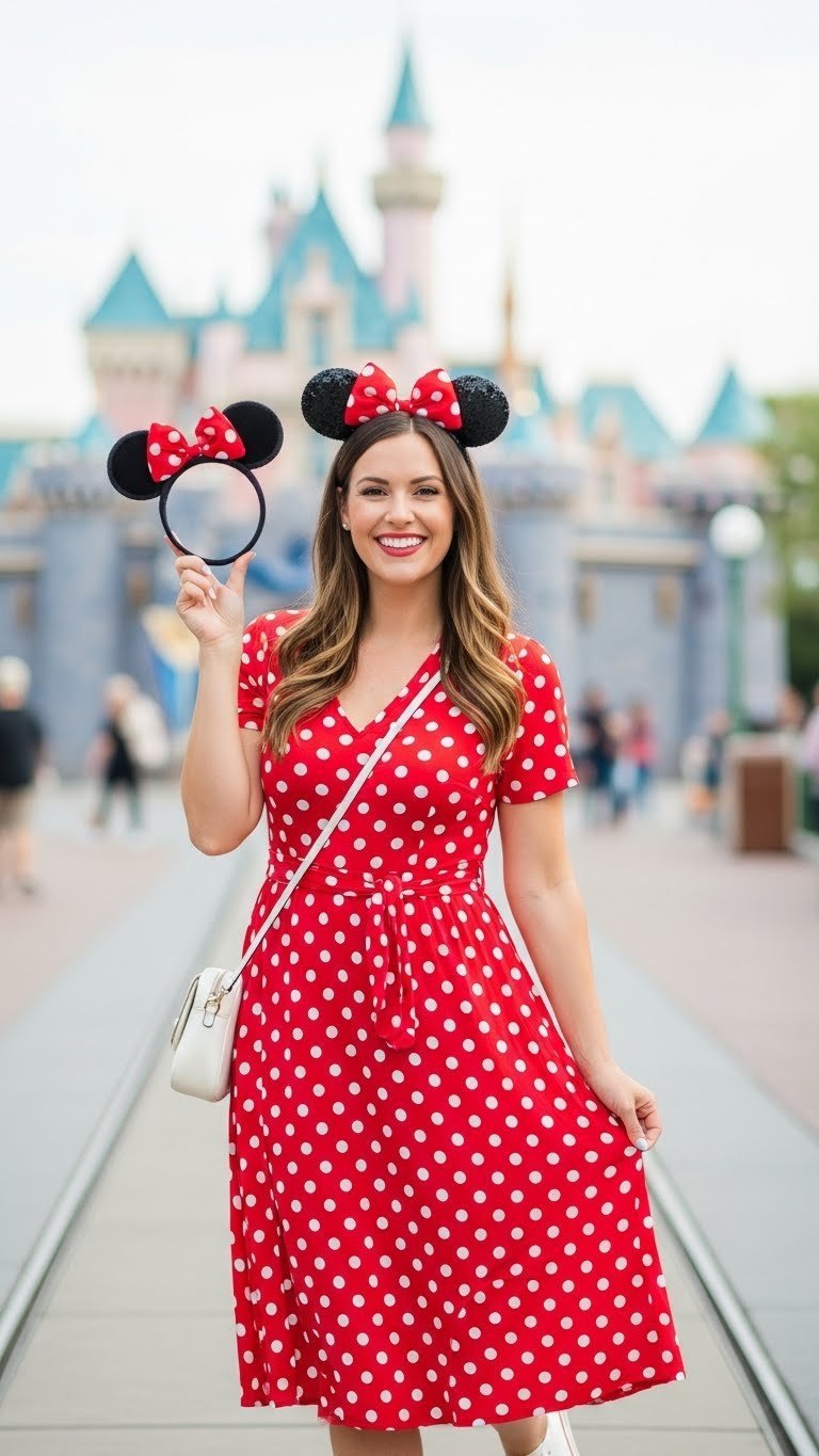 Woman wearing red polka dot dress holding Minnie Mouse ear headband with genuine smile at Disneyland