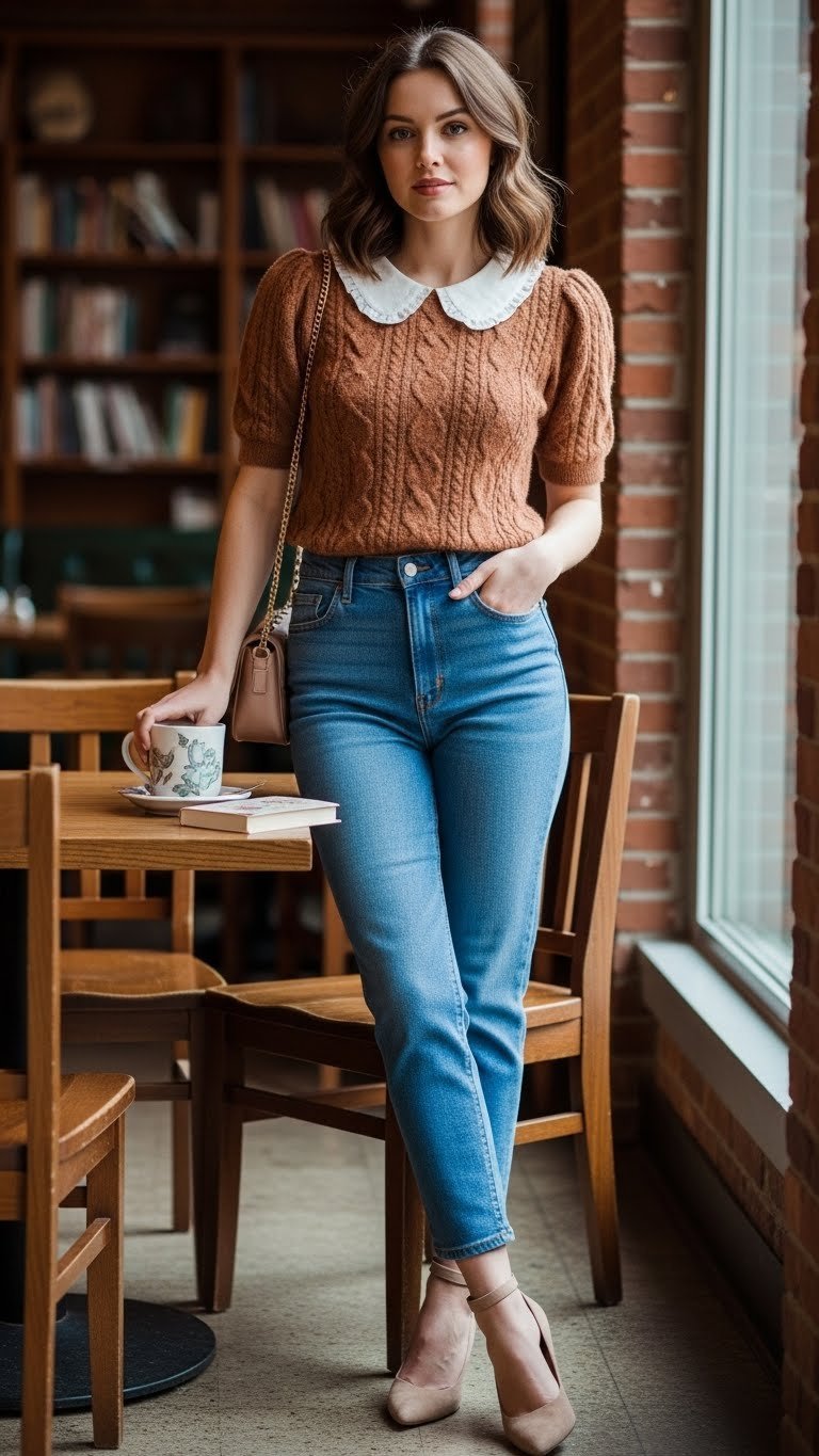 Woman wearing retro casual date night outfit with high-waisted pants in cozy coffee shop environment