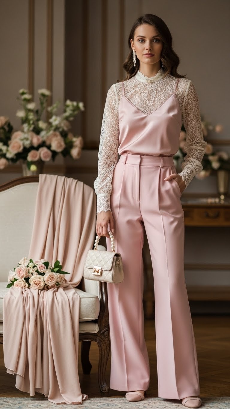 Woman wearing romantic blush pink satin slip dress with pearl earrings in elegant living room with soft natural lighting