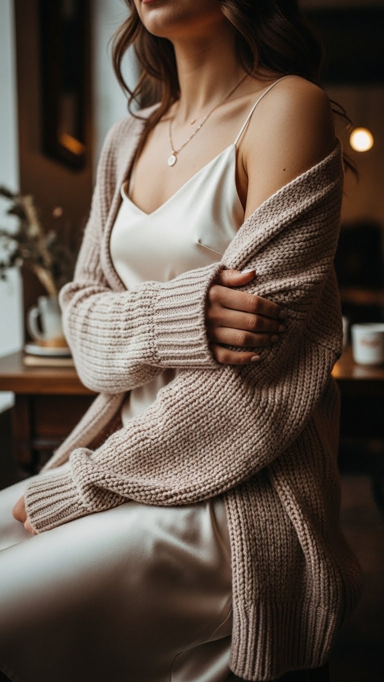 Woman wearing satin slip dress under chunky knit cardigan in cozy cafe with soft natural lighting and warm tones
