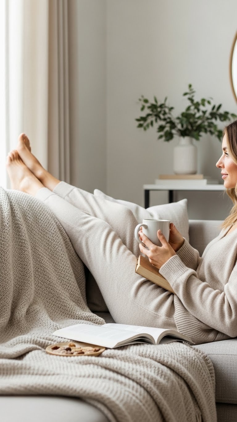 Woman wearing soft loungewear relaxing on sofa with book and cozy blanket in minimalist living room