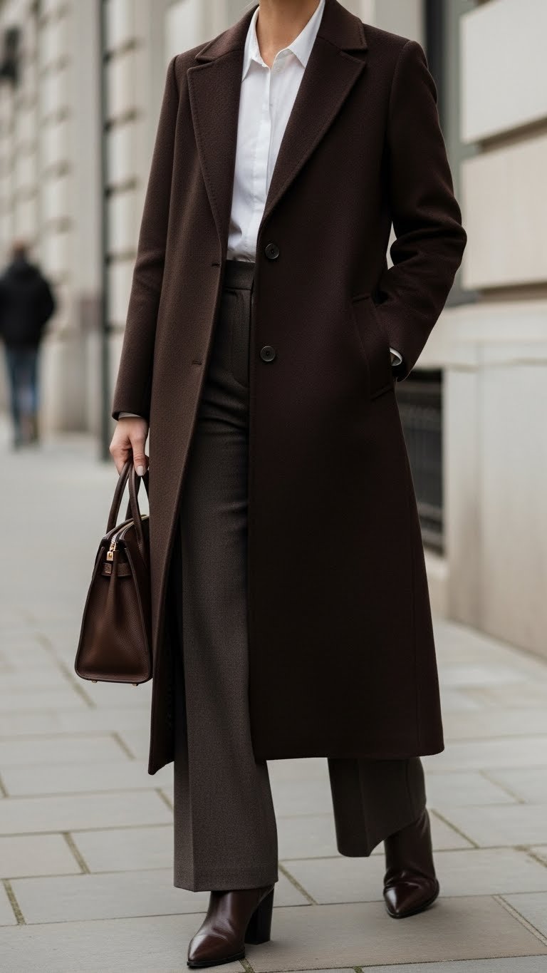 Woman wears elegant dark brown tailored maxi wool coat, crisp white shirt, wide-leg trousers, leather handbag, brown boots.
