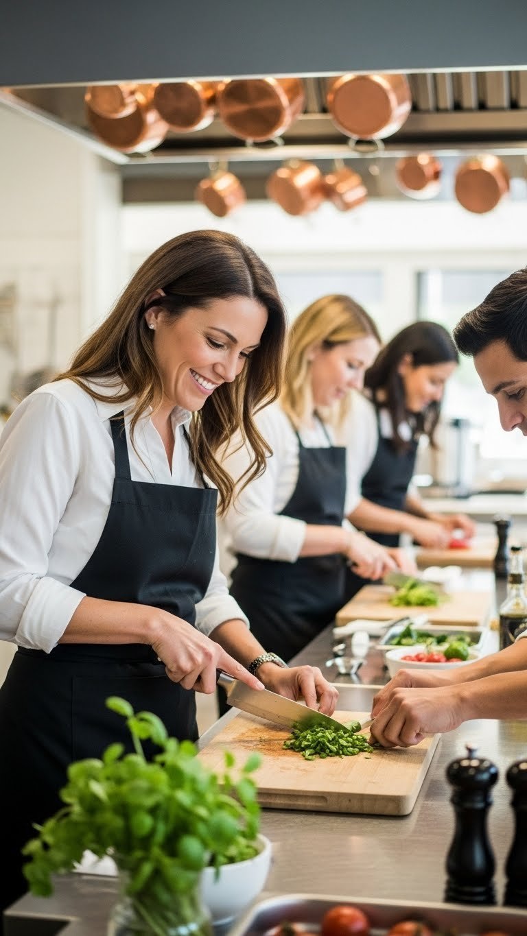 Woman with radiant smile chopping vegetables during cooking class with chef guidance in professional kitchen setting