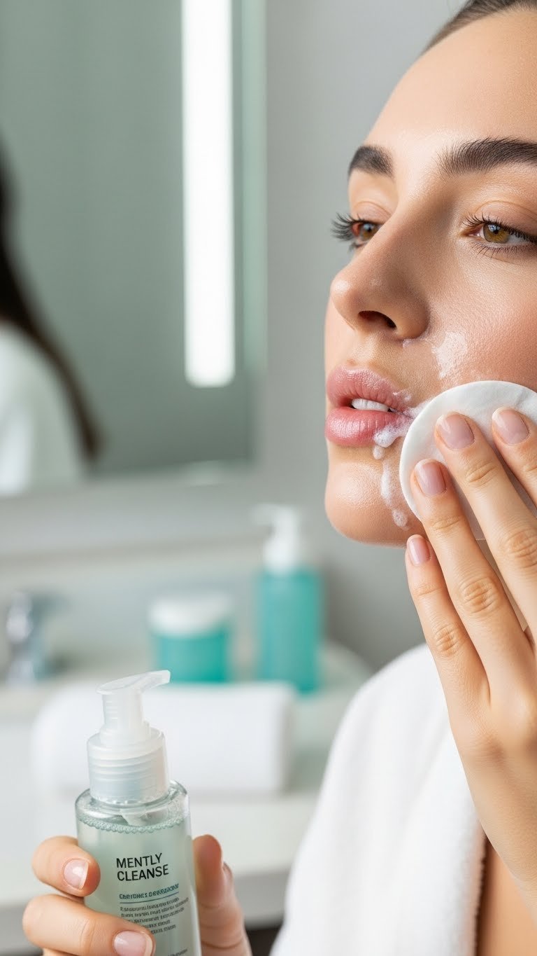 Woman's face being gently cleansed with cotton pad and clear facial cleanser in bright bathroom setting