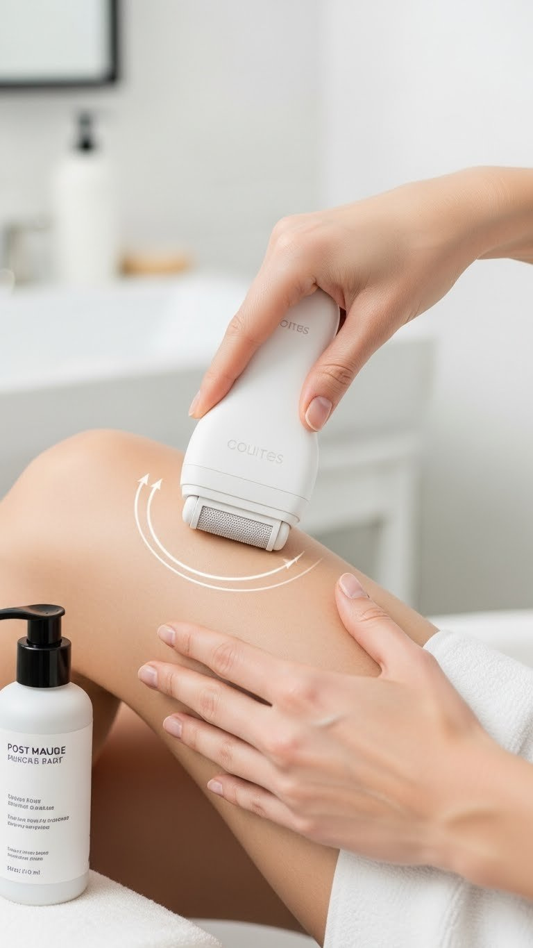 Woman's hand demonstrating circular motion with hair removal eraser on leg for smooth skin results