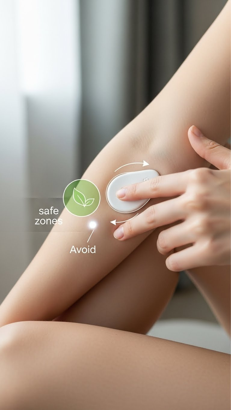 Woman's hand indicating safe zones and delicate areas for hair removal eraser application