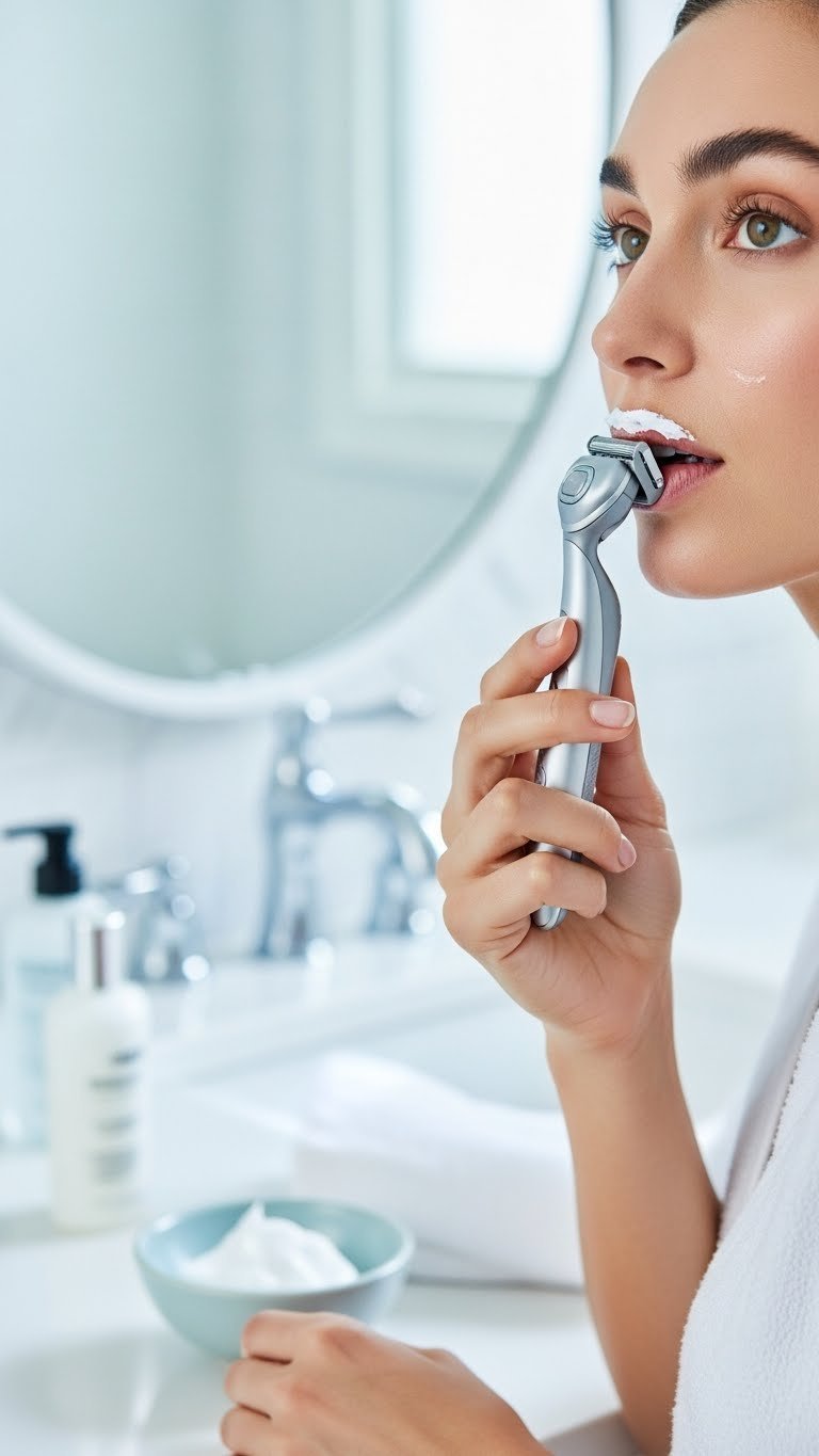 Woman's hand using modern facial razor for smooth skin hair removal in bright bathroom vanity setting with shaving cream bowl