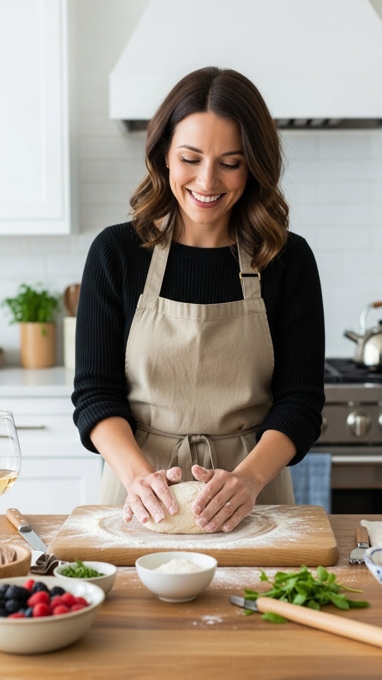 Woman's hands kneading dough on rustic wooden board surrounded by fresh herbs in modern kitchen