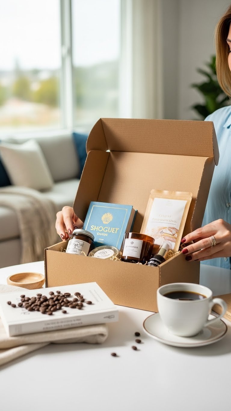 Woman's hands opening elegant subscription box revealing gourmet coffee, novel, candle, and beauty products