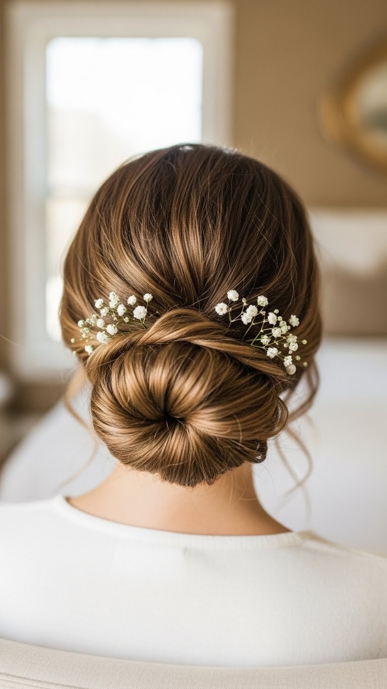 Woman's romantic twisted low bun updo with face-framing tendrils in soft natural light against blurred bedroom background