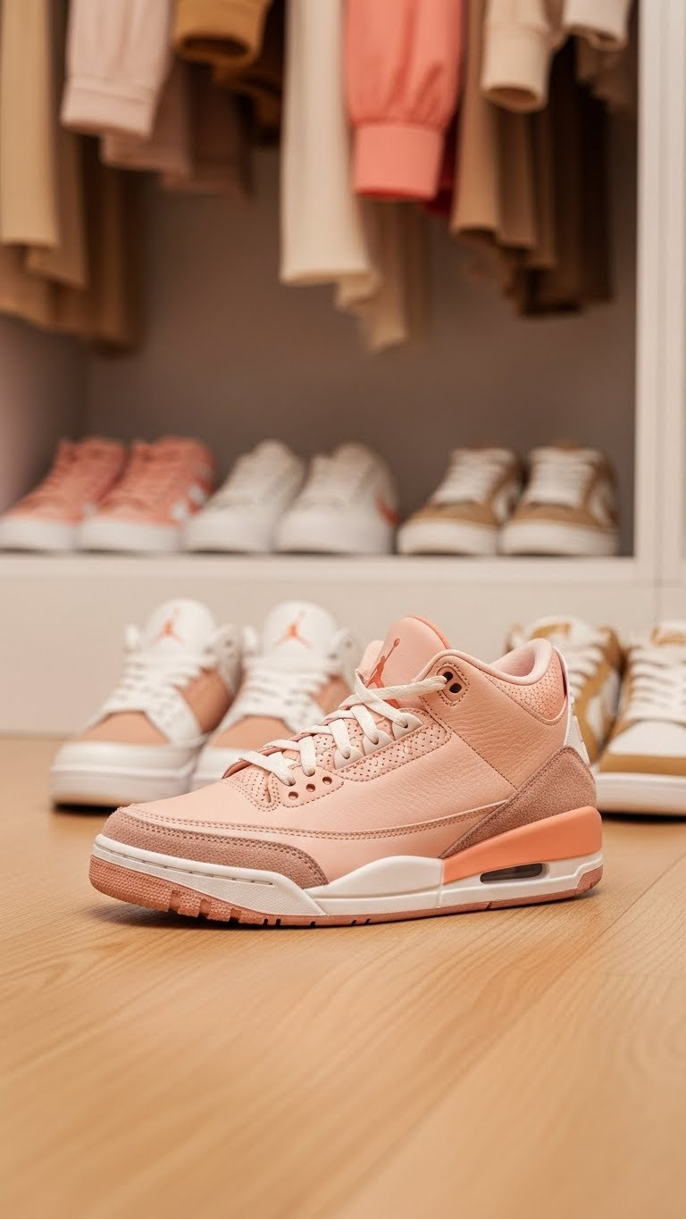 Women's Jordan 3 sneaker collection in washed coral arranged on light wooden floor with closet background
