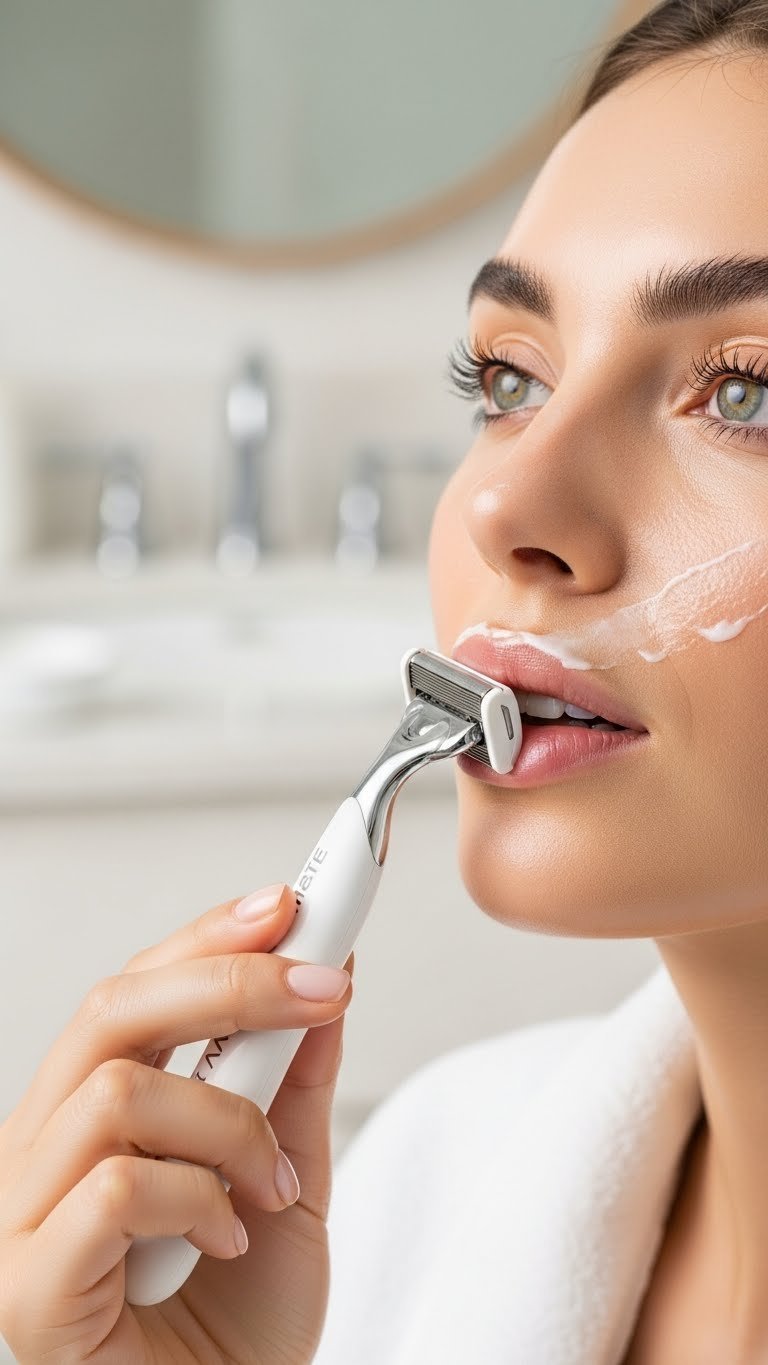 Women's facial razor gliding over moisturized upper lip area with subtle indication of hair removal