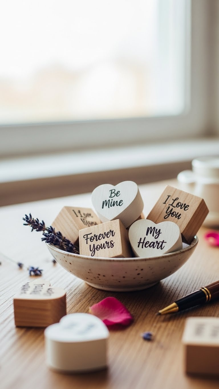 Wooden Love Notes message blocks with heartfelt phrases arranged in rustic ceramic bowl with dried lavender