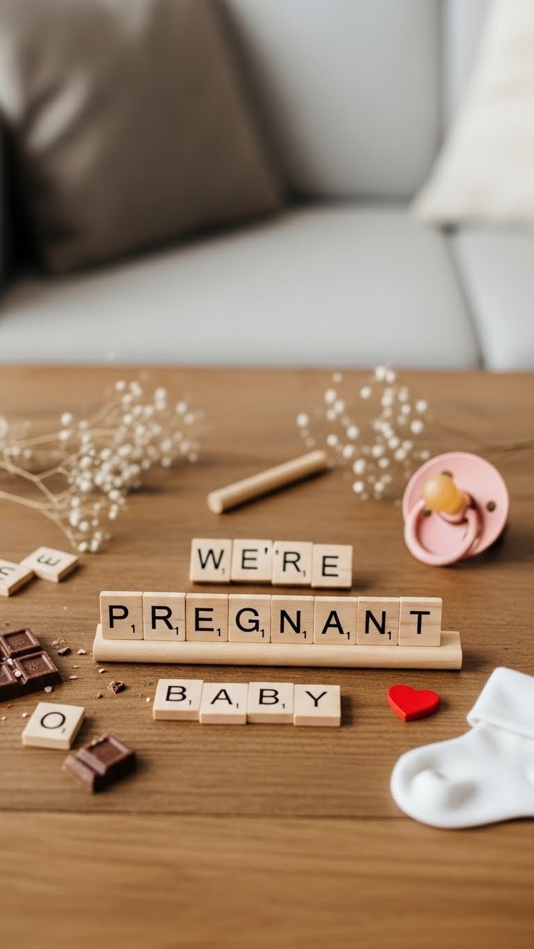 Wooden Scrabble tiles spelling pregnancy announcement message with baby pacifier and heart tile on rustic surface.