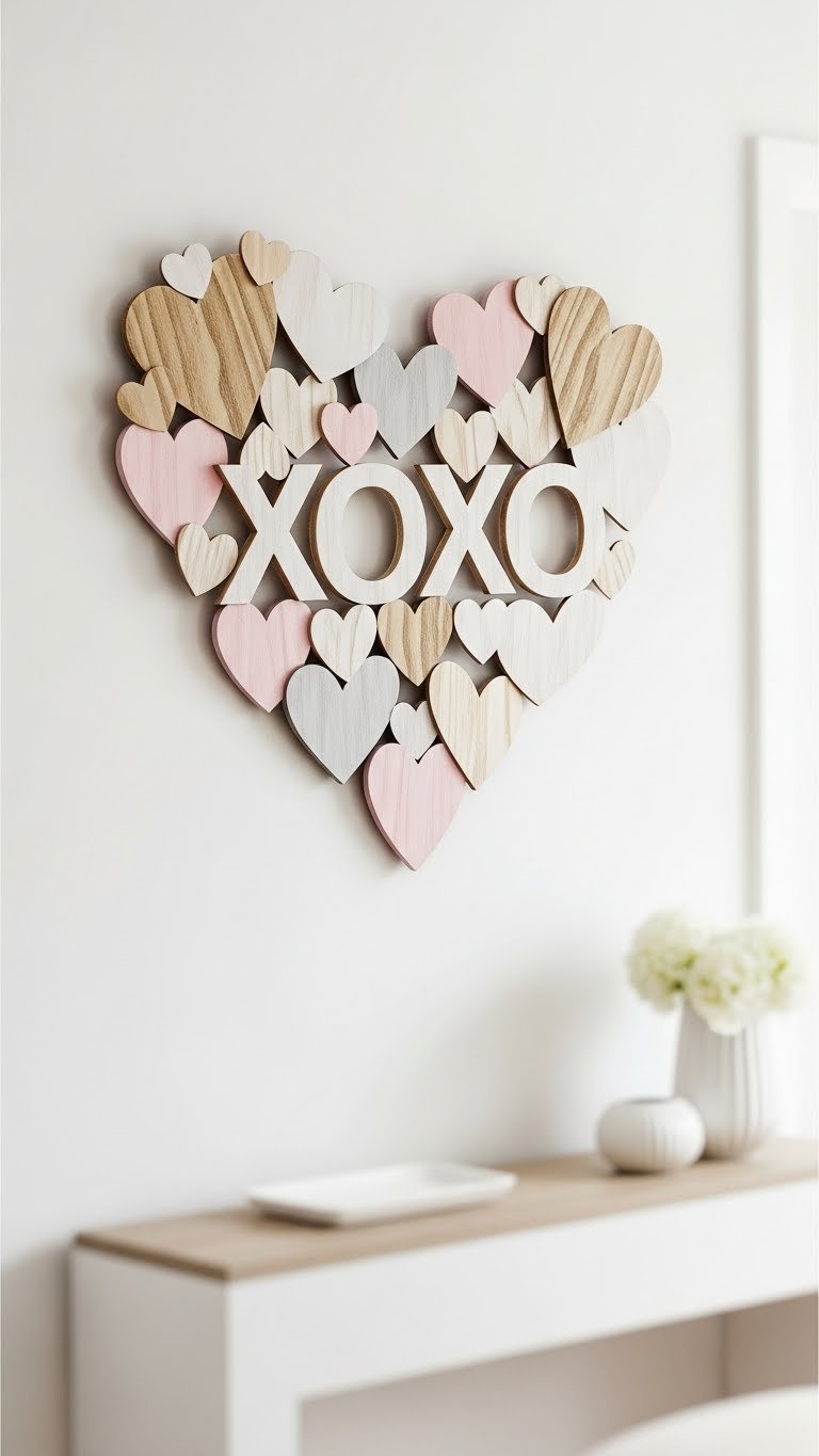 Wooden heart XOXO wall art with overlapping hearts forming abstract pattern on light-colored wall