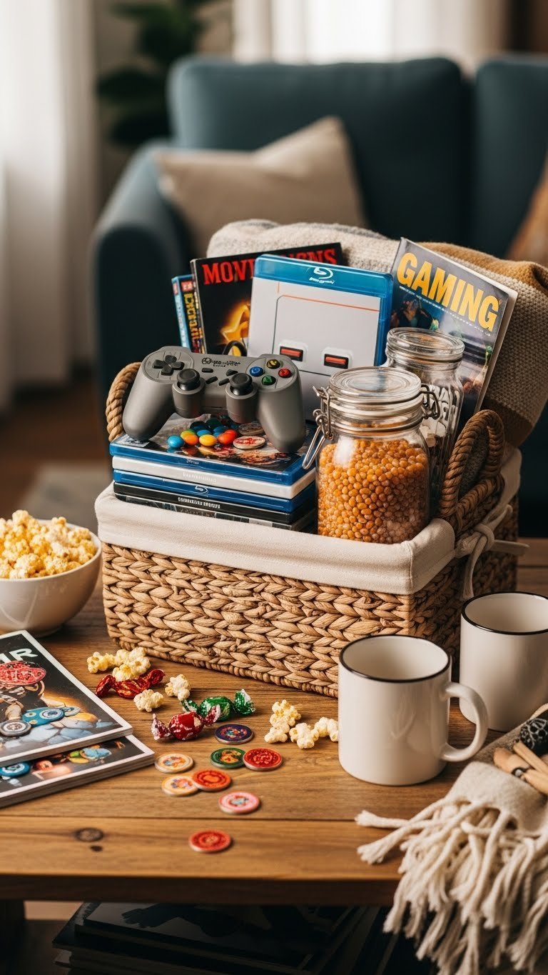 Woven basket filled with gaming essentials including retro controller, DVDs, and popcorn on rustic wooden table