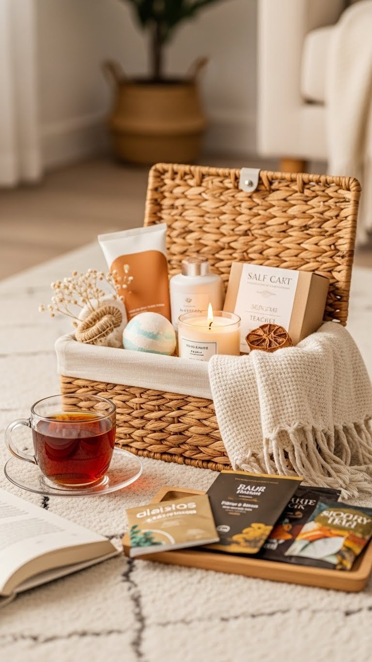 Woven self-care basket with scented candle, bath bomb, and cozy blanket arranged on plush white rug