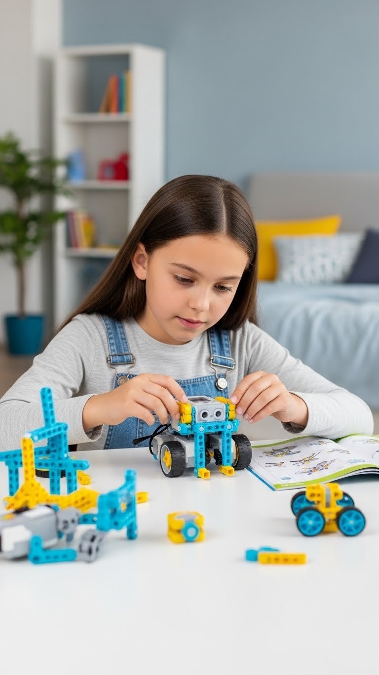 Young girl assembling colorful robotics kit with focused curiosity on clean white desk in modern bedroom setting.