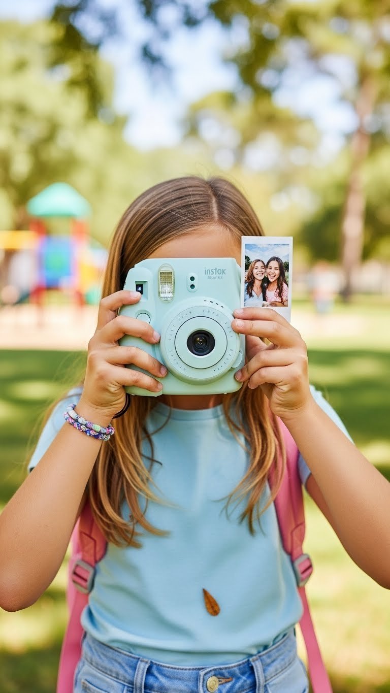Young girl holding pastel instant print camera taking picture of friend in sun-drenched park setting with developing photo visible.