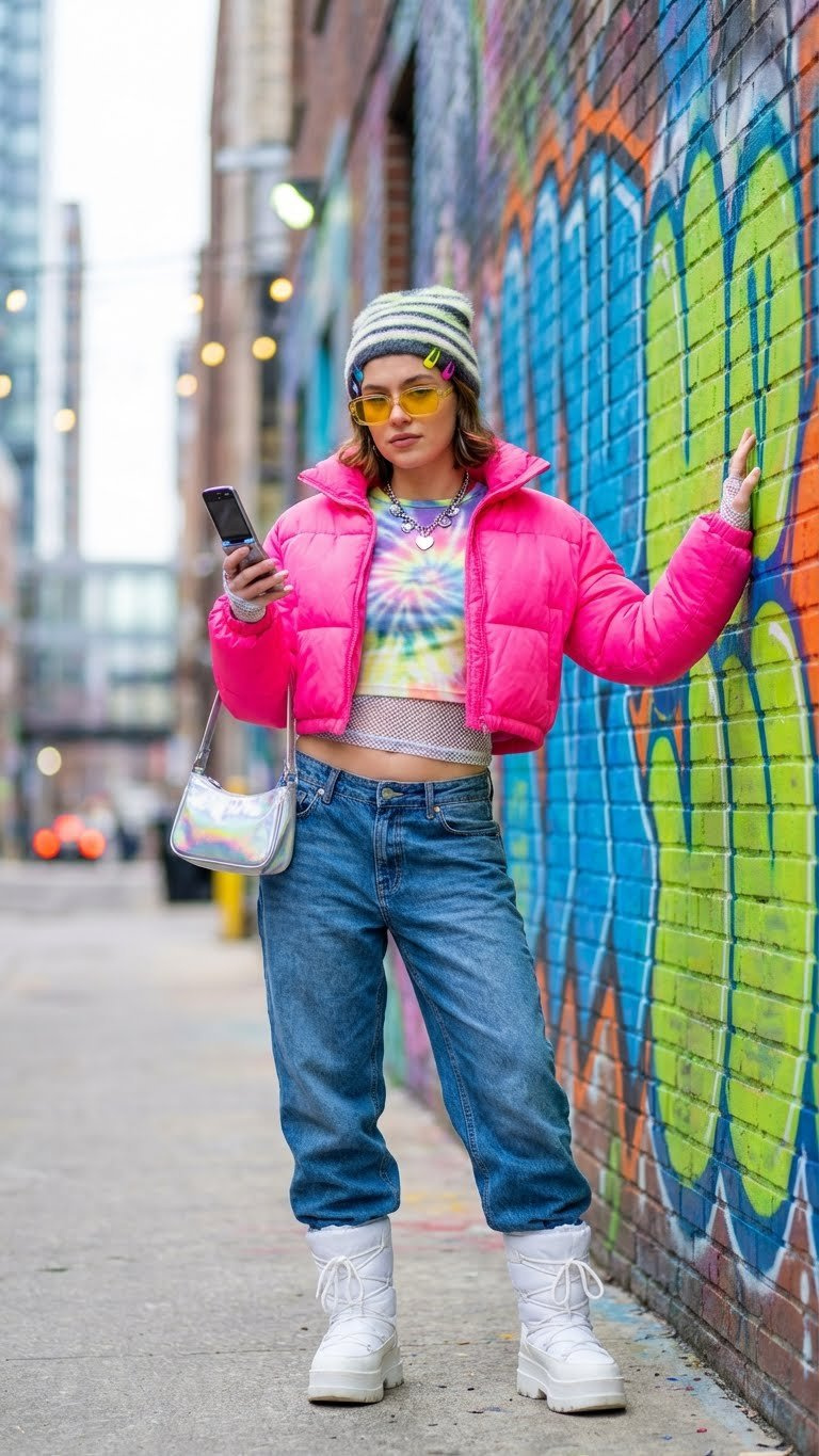 Young person in vibrant cropped puffer jacket, baggy jeans, and platform boots on graffiti wall, showing Y2K winter style.