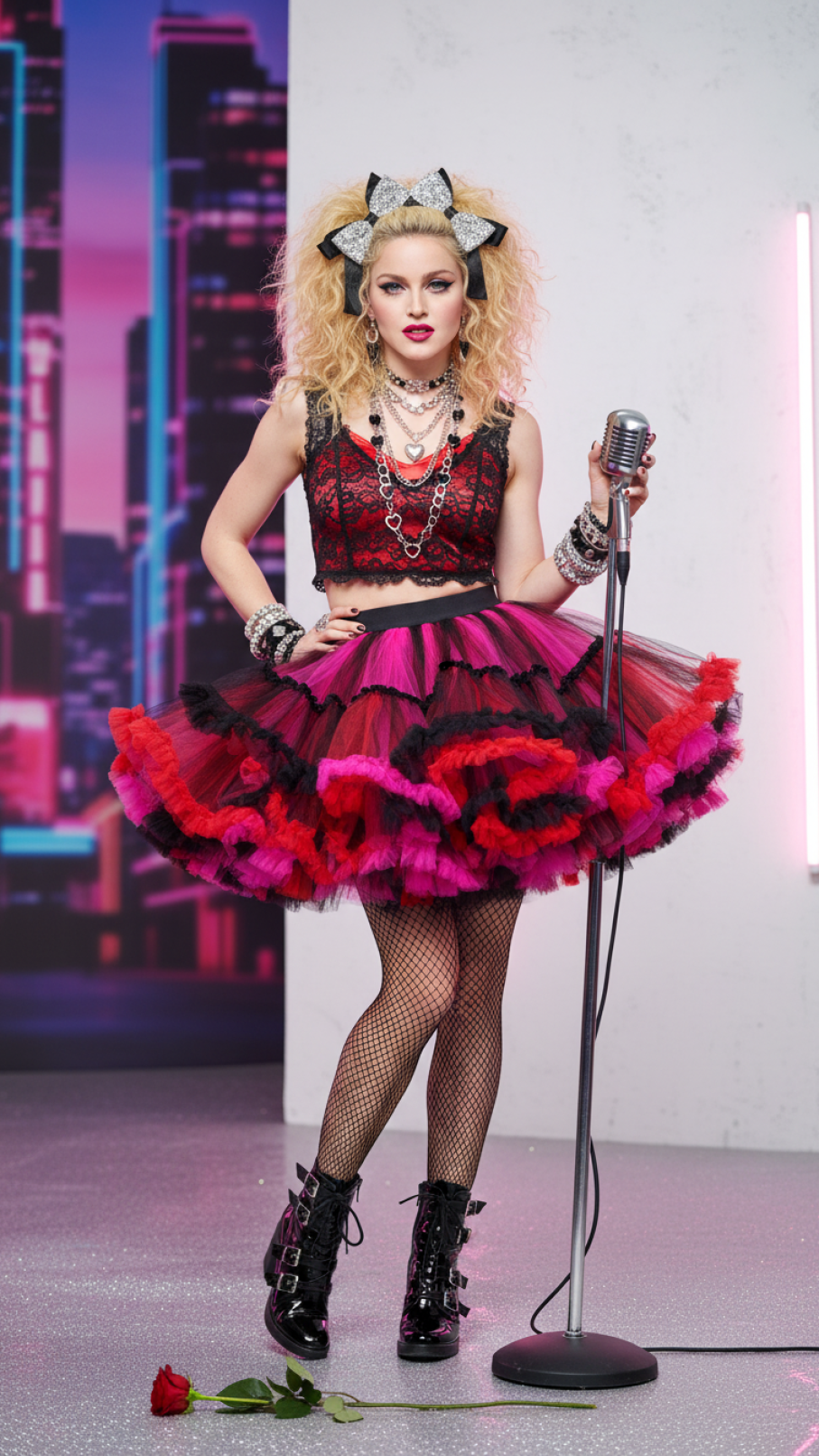 Young woman in Madonna-inspired 80s Valentine's outfit with teased hair, lace top, pink tulle skirt, fishnet stockings, and chunky jewelry against blurred cityscape