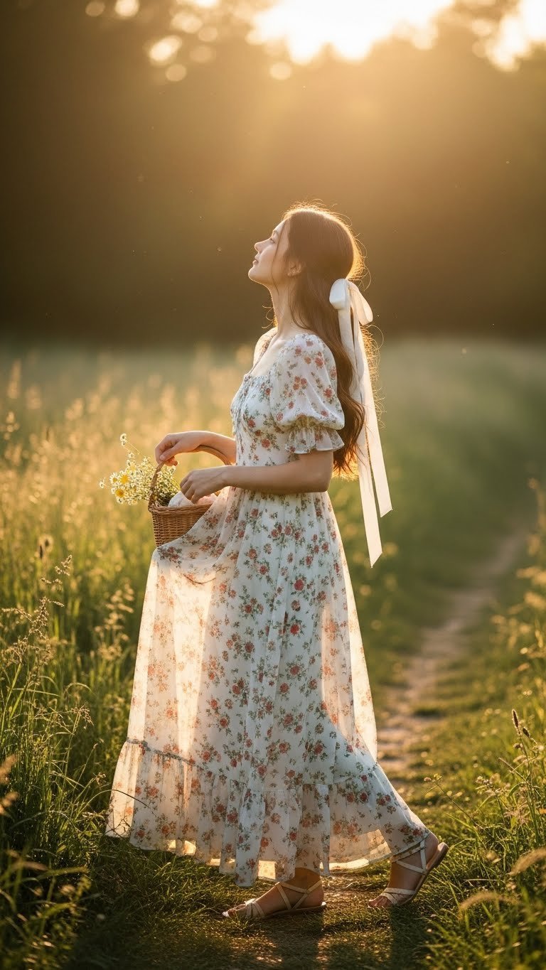 Young woman in flowing floral maxi dress with ribbon in hair walking through sunlit meadow
