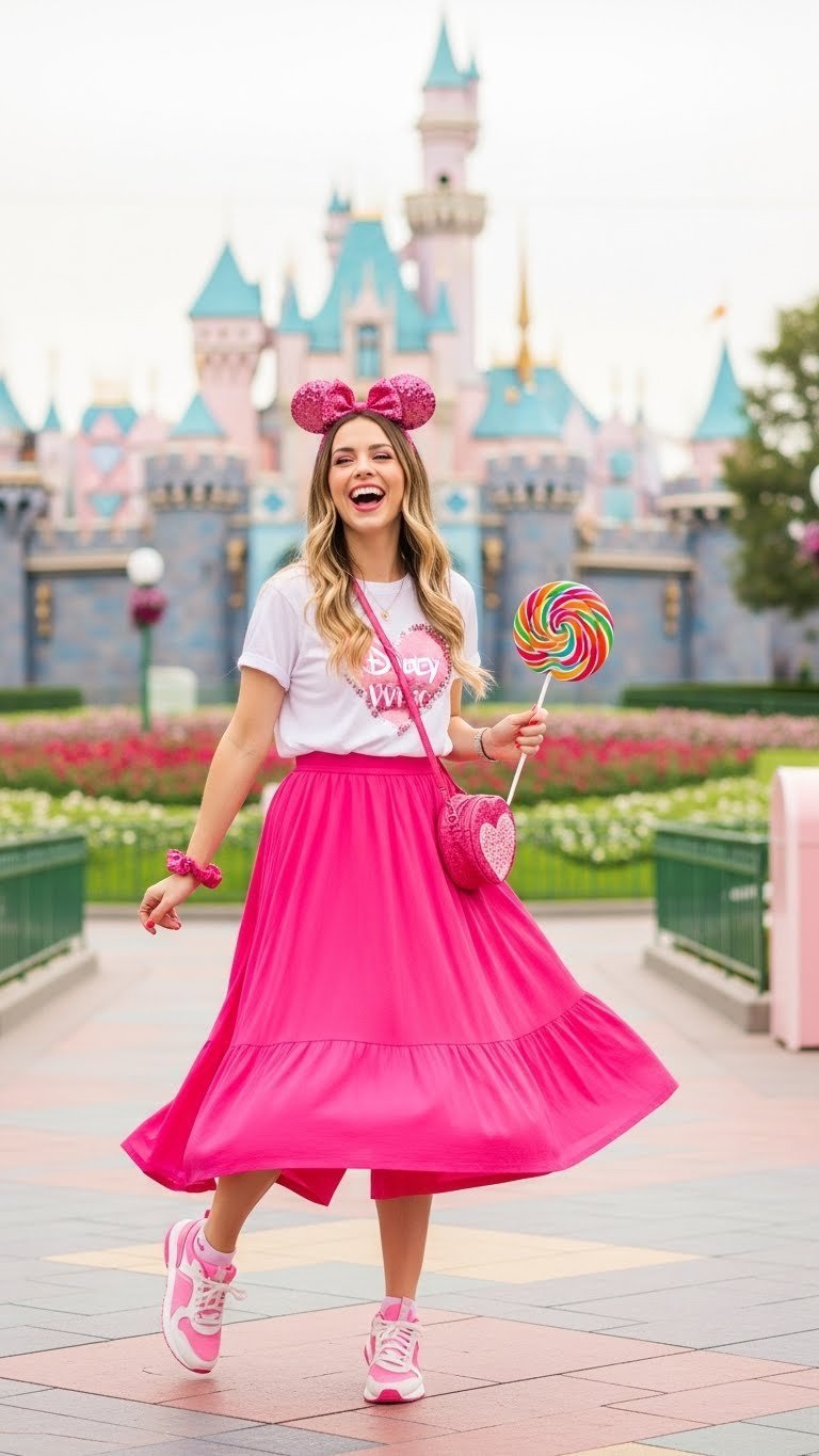 Young woman in vibrant pink skirt twirling joyfully with sparkly Minnie ears at Disneyland Valentine's Day