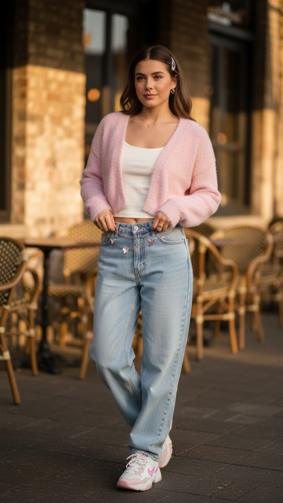 Young woman wearing Y2K Valentine's outfit with baggy jeans and fluffy pink cardigan on charming cafe patio