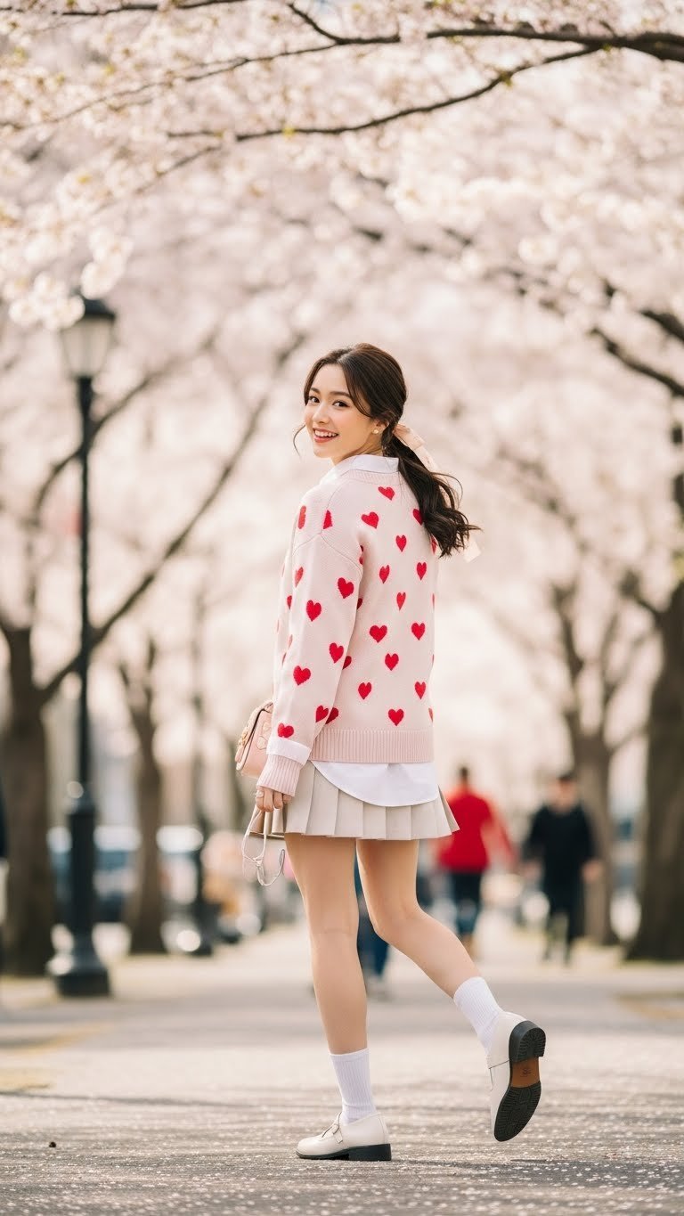 Young woman wearing heart-print sweater over collared shirt skipping cheerfully in city park