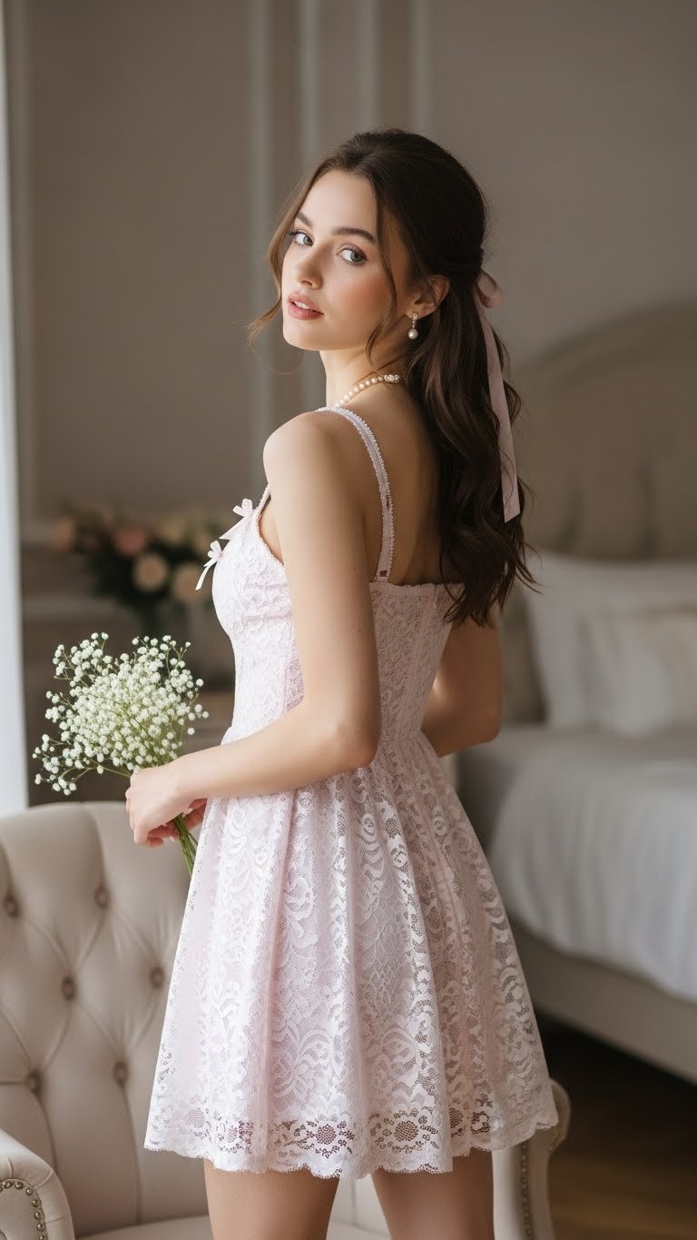 Young woman wearing romantic white lace mini dress looking over shoulder with soft expression in dreamy bedroom setting