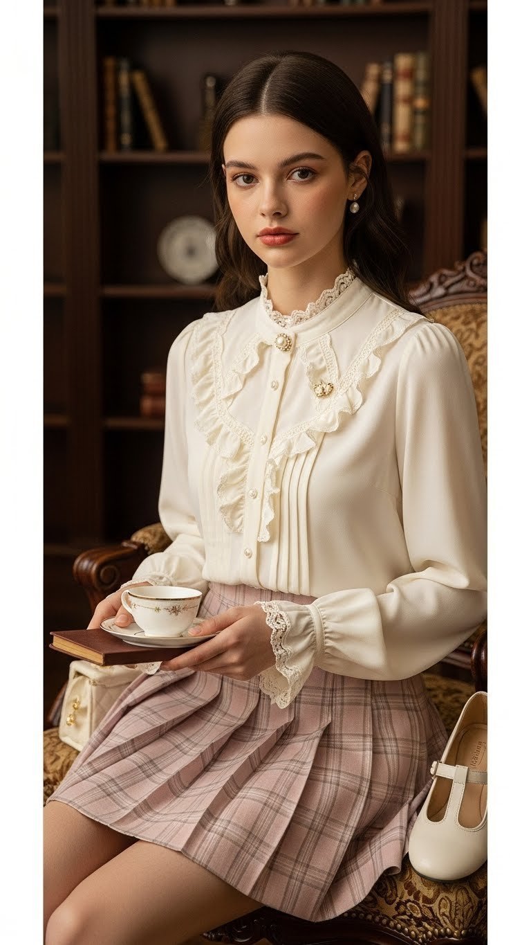 Young woman wearing vintage Victorian blouse and pleated skirt holding teacup in elegant library setting