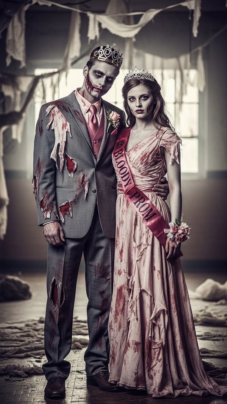Zombie Prom King and Queen couple in tattered formal wear with decaying makeup romantic embrace